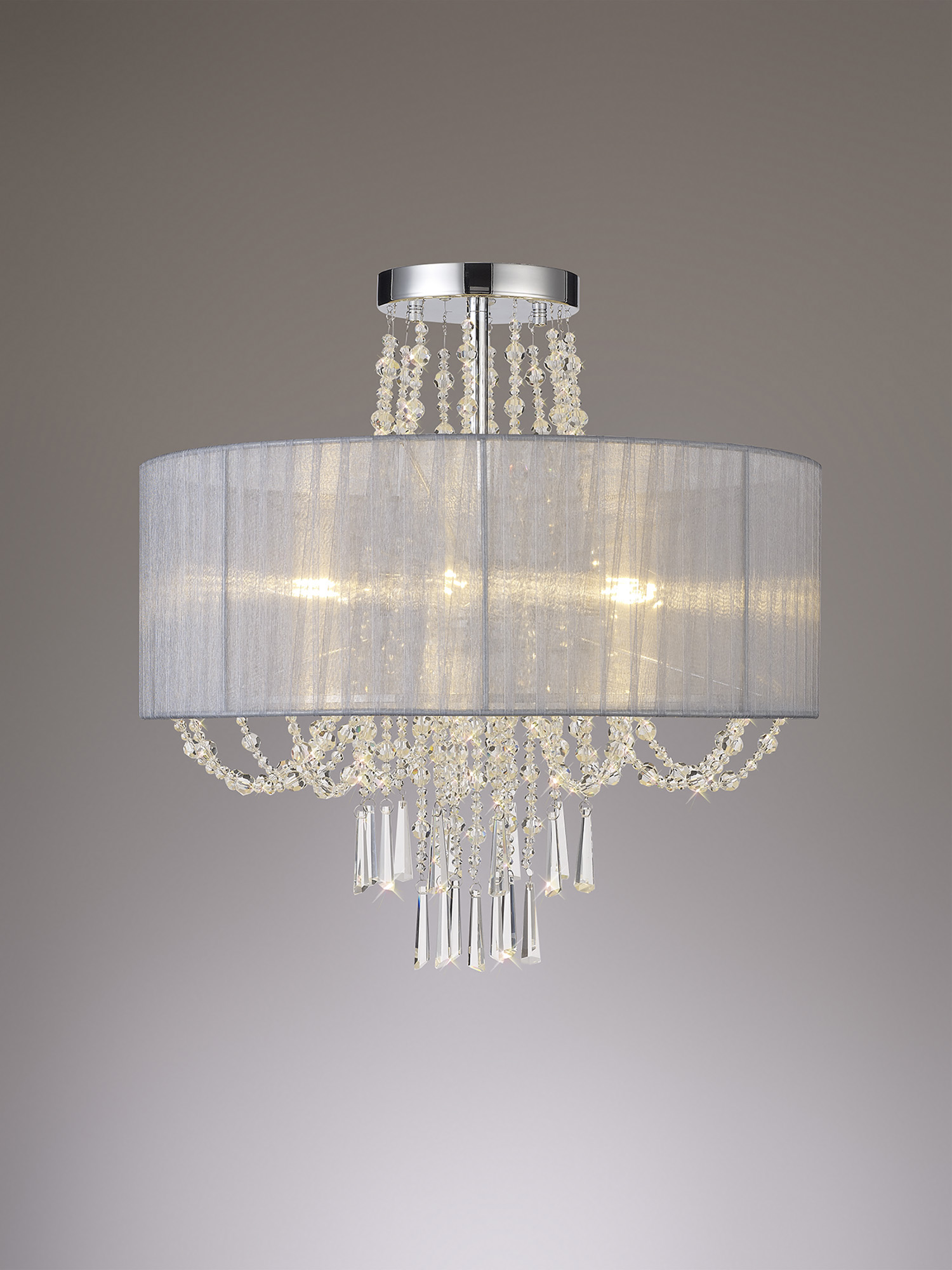 Freida Polished Chrome-Grey Crystal Ceiling Lights Diyas Shaded Crystal Fittings Freida Polished Chrome-Grey Crystal Ceiling Lights Diyas Shaded Crystal Fittings